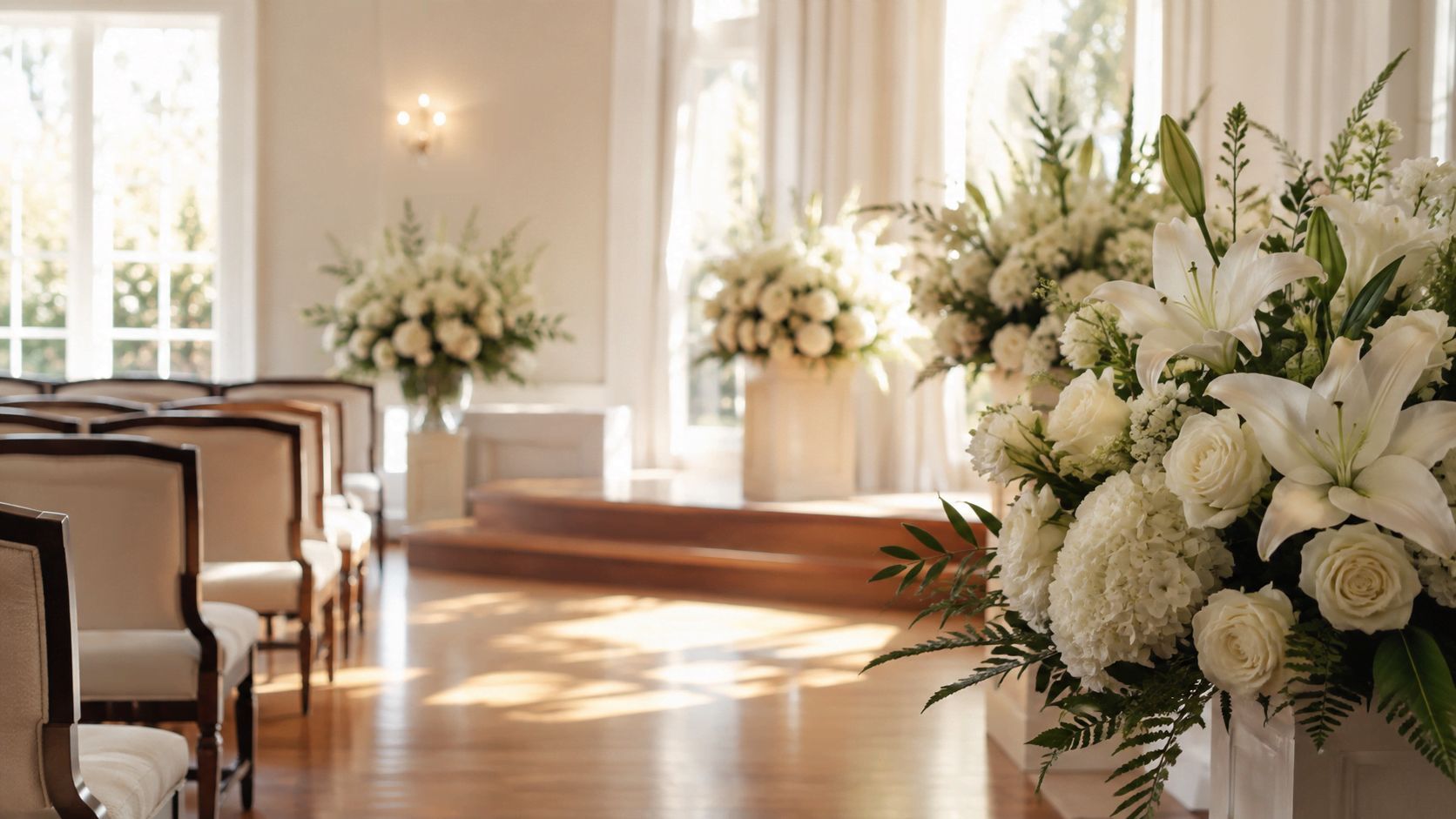 Elegant white flower tribute at the front of a serene Farmers Branch Funeral Home room with warm daylight