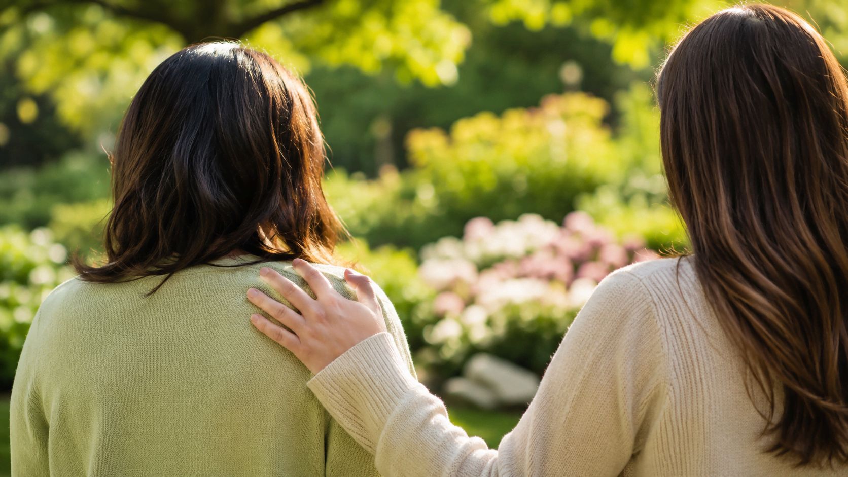 Comforting hand placed on a shoulder in a bright outdoor garden, representing compassionate Farmers Branch Funeral Home services