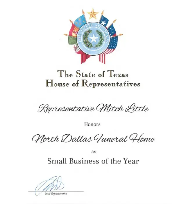Texas House honors North Dallas Funeral Home Small Business Award