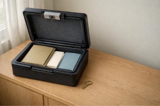 Open fireproof document box with unmarked insurance, military, and cemetery record folders