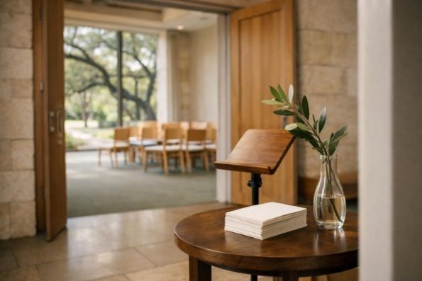 Quiet flexible chapel foyer with movable chairs, blank cards, and an olive branch