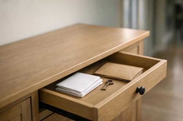 Blank planning papers and a document envelope stored with a key in an easy-to-find oak drawer