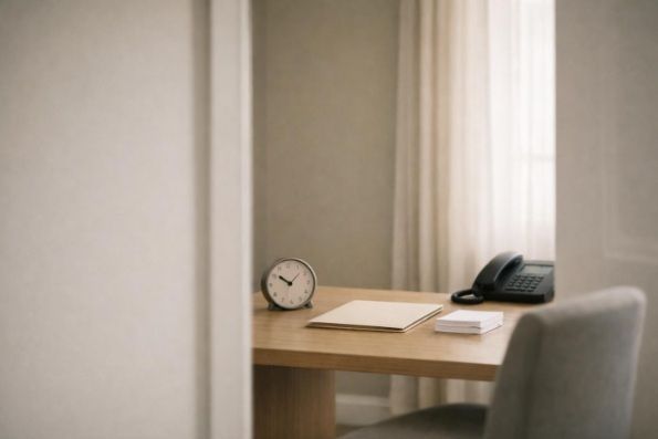 Quiet consultation room with a clock, blank folder, note cards, and telephone prepared