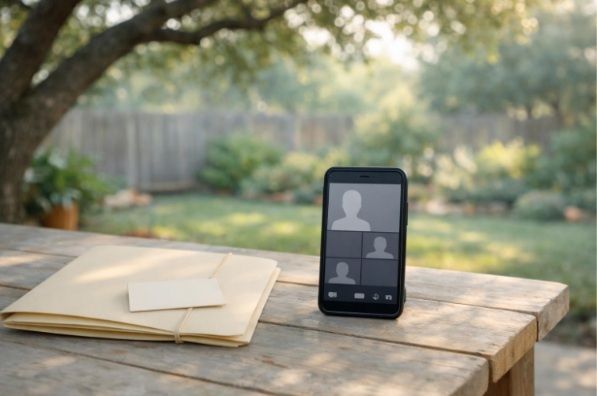 Smartphone beside a closed planning folder on a quiet North Texas patio for sharing funeral wishes
