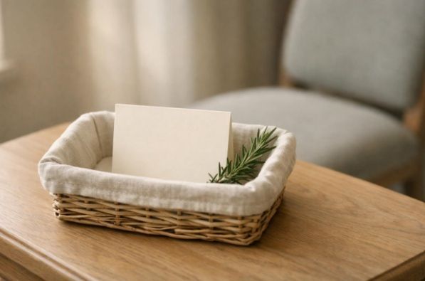 Unmarked sympathy card in a linen basket beside rosemary on a quiet visitation foyer table 