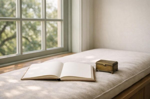 Open blank tradition notebook and closed brass music box on a sunlit oak window seat