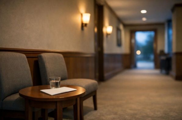 Two quiet waiting chairs and an unmarked travel envelope in a softly lit funeral home corridor