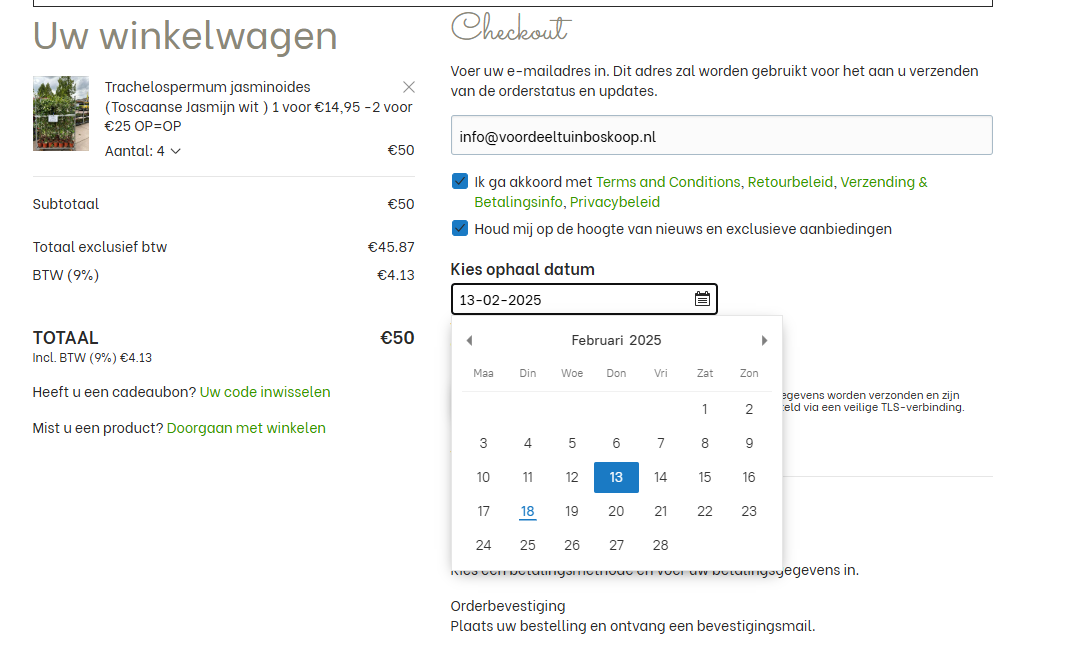 Online winkelwagen met datumselectie, kalender die februari 2024 weergeeft.