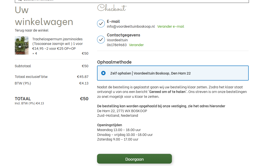 Winkelwagenoverzicht met bezorgadres, contactgegevens en orderoverzicht.