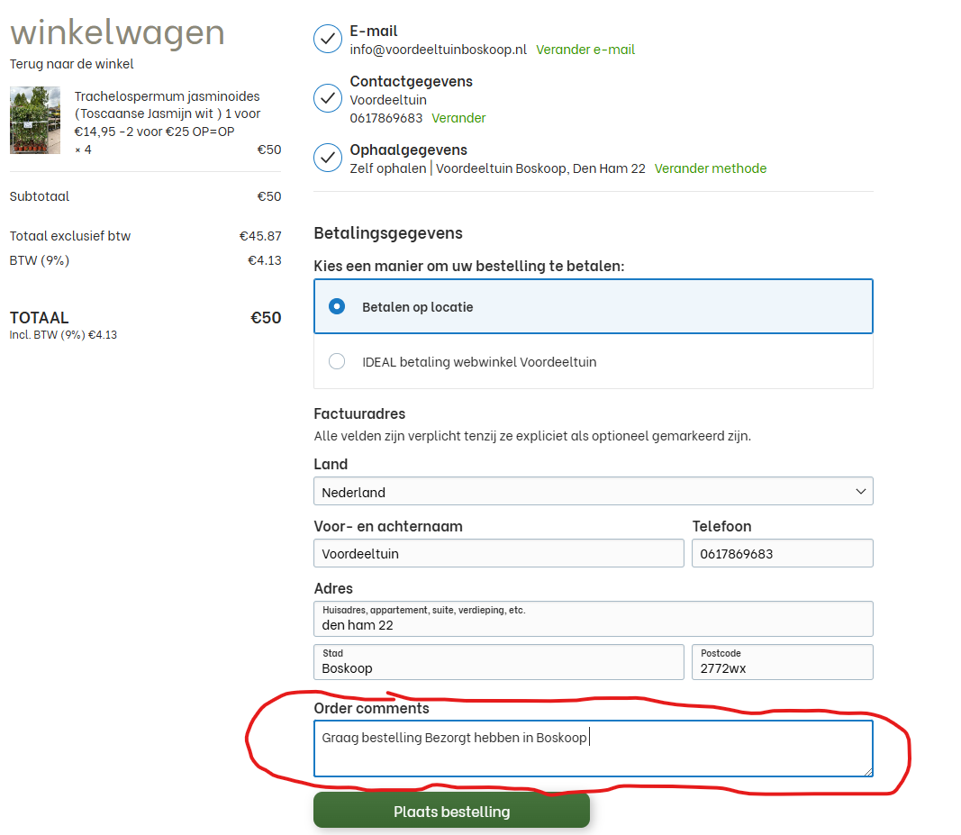 Afrekenformulier met adresgegevens en een tekstveld