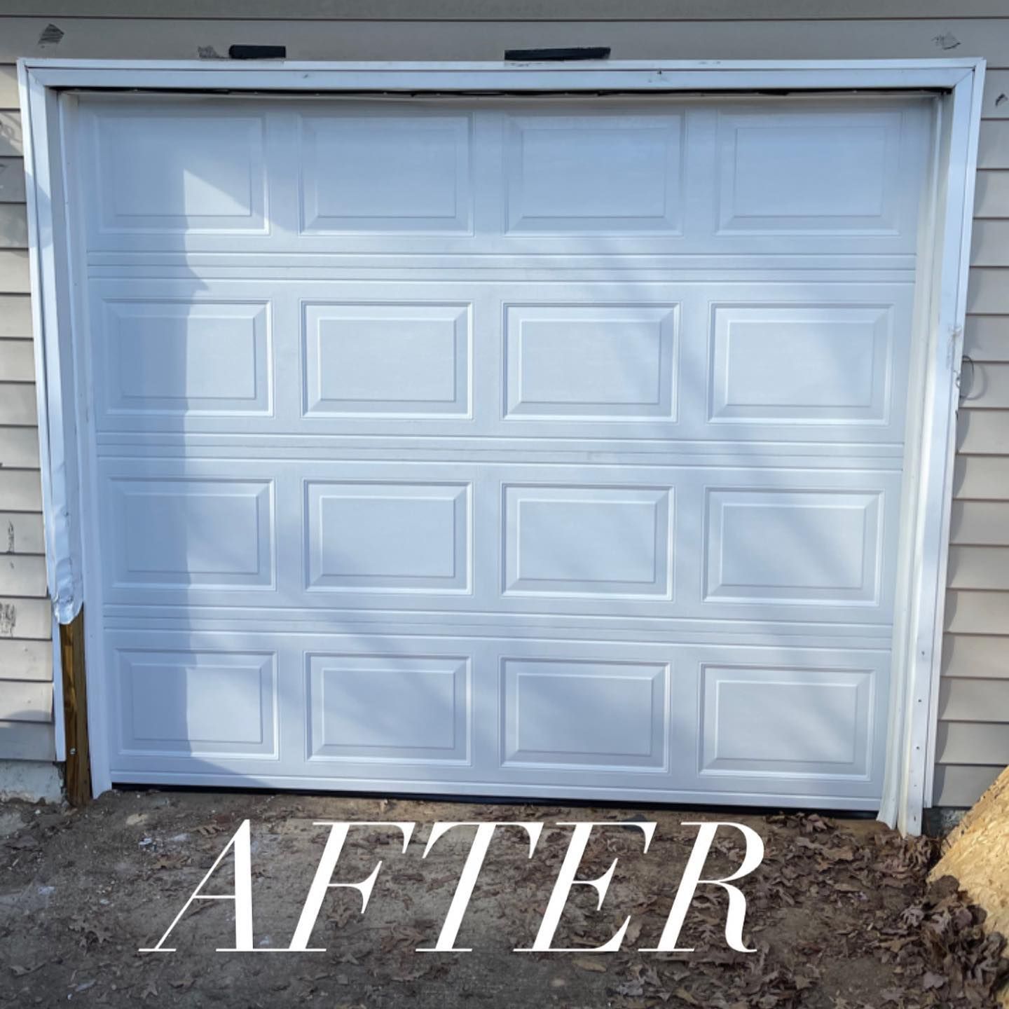 White garage door after installation, framed by beige siding and dirt ground, with “AFTER” text at the bottom.