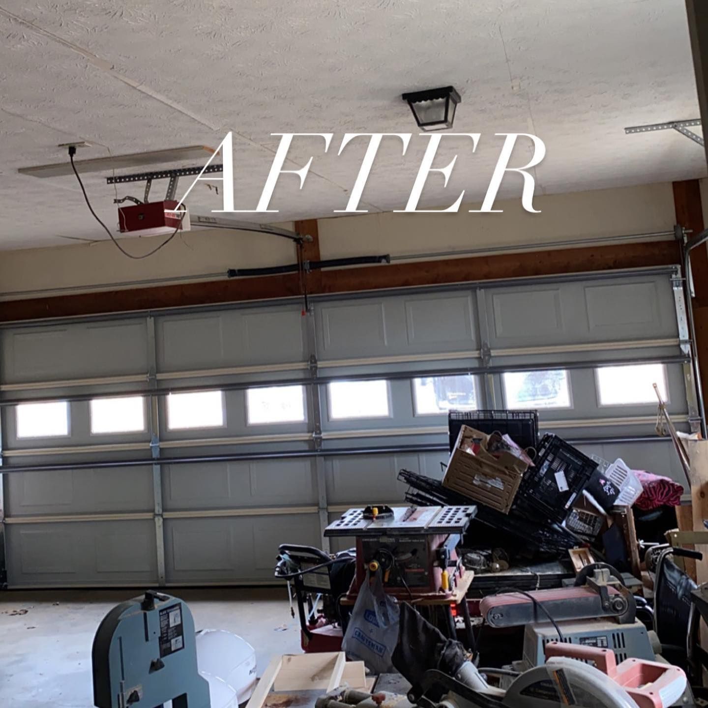 Garage with clutter piled on the right side and a closed door in back; “AFTER” text overlaid at top.