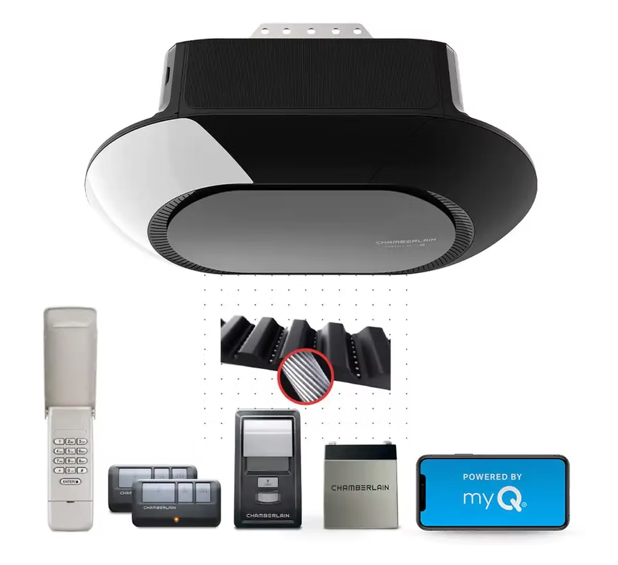 Black-and-silver router/access point with related network devices and a mobile app screen labeled myQ.