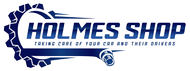 Holmes Shop logo in blue and white with tagline &ldquo;Taking care of your car and their drivers&rdquo;