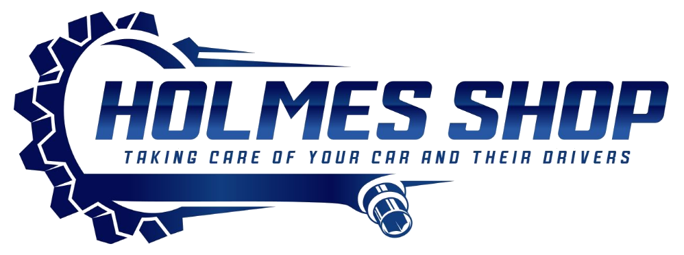 Holmes Shop logo in blue and white with tagline “Taking care of your car and their drivers”