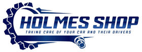 Holmes Shop logo in blue and white with tagline &ldquo;Taking care of your car and their drivers&rdquo;