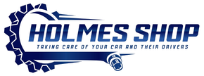 Holmes Shop logo in blue and white with tagline &ldquo;Taking care of your car and their drivers&rdquo;