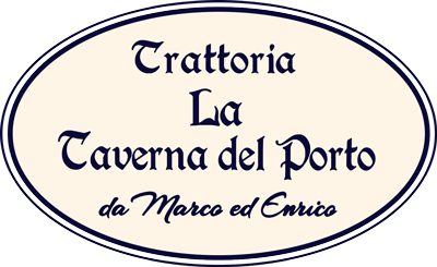 Oval restaurant sign reading “Trattoria La Caverna del Porto da Marco ed Enrico” in dark blue on a cream background
