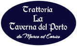 Blue oval restaurant logo reading “Trattoria La Taverna del Porto da Marco ed Enrico” in white text