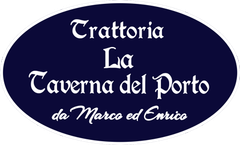 Blue oval restaurant logo reading “Trattoria La Taverna del Porto da Marco ed Enrico” in white text