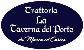 Blue oval restaurant logo reading “Trattoria La Taverna del Porto da Marco ed Enrico” in white text