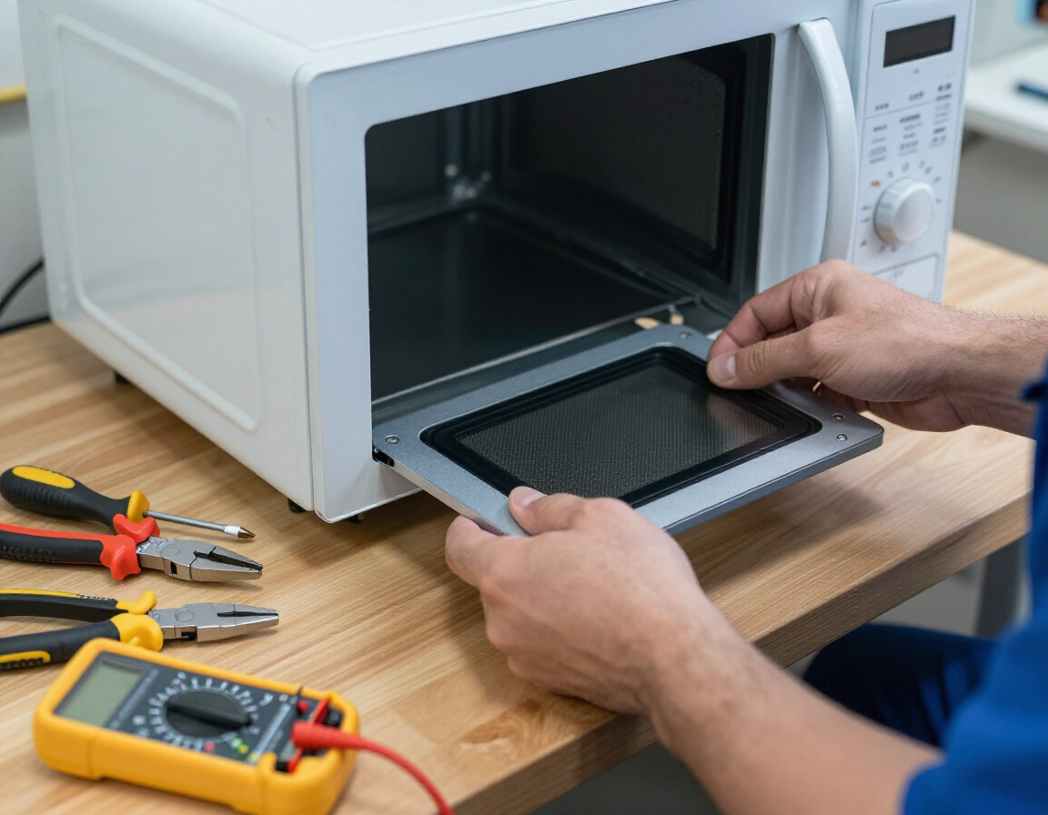Técnico reparando microondas en taller