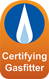A logo for a company that is certifying gasfitters.
