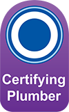 A purple sticker with a blue circle and the words certifying plumber  written on it.