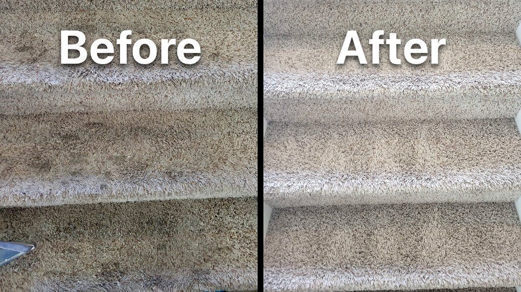 carpet cleaning companies riverview fl Before and after comparison of a speckled beige stair tread or carpeted step.