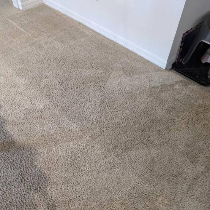 Beige carpet with visible stains near a wall and doorway corner
