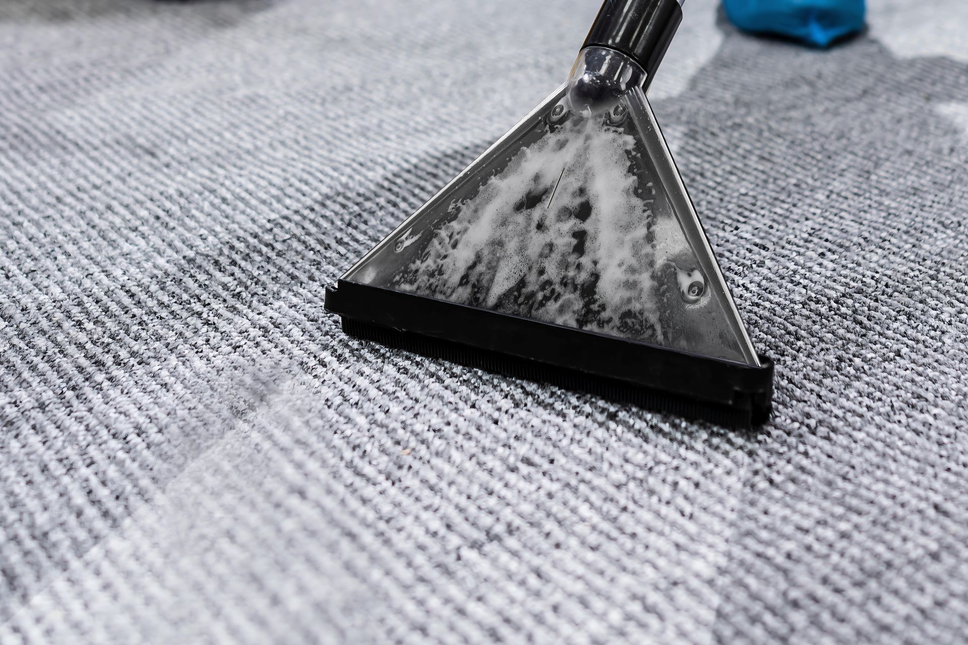 Black triangular vacuum head cleaning a gray carpet, with a blue cloth in the background