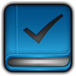 A blue book with a black check mark on it