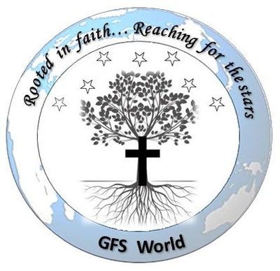 A logo for gfs world shows a tree with roots and a cross