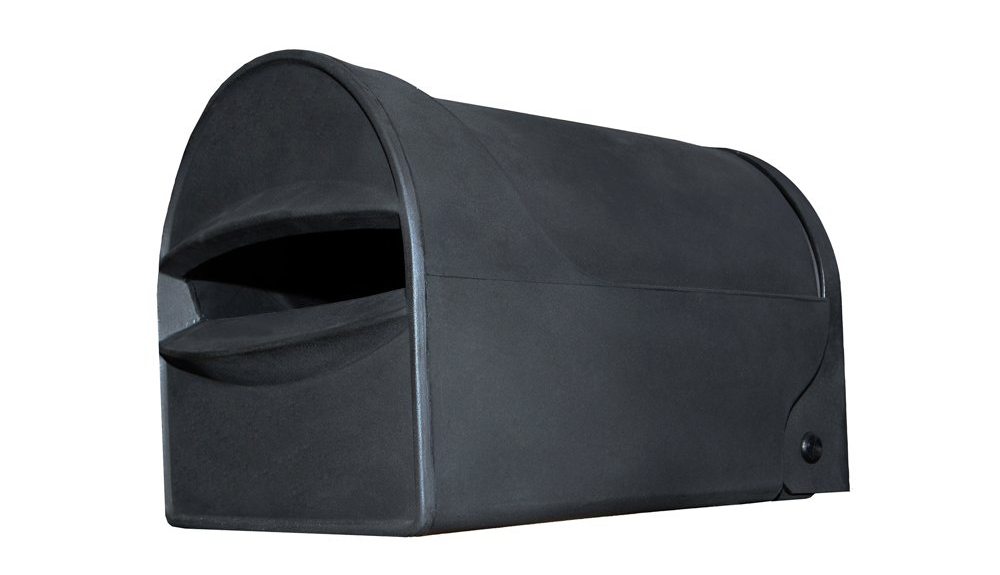 A black, rural, coastal and urban residential mailbox with a front-facing mail slot on a white background. Tuffies unbreakable range NZ and Australia.