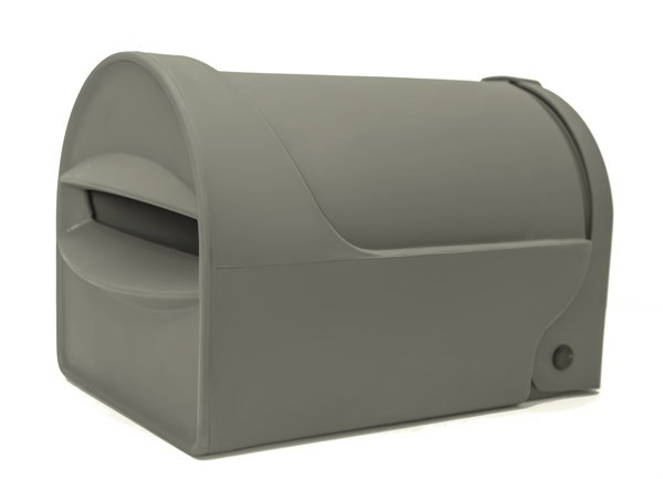 A grey, rural, coastal and urban residential mailbox with a front-facing mail slot on a white background. Tuffies unbreakable range NZ and Australia.