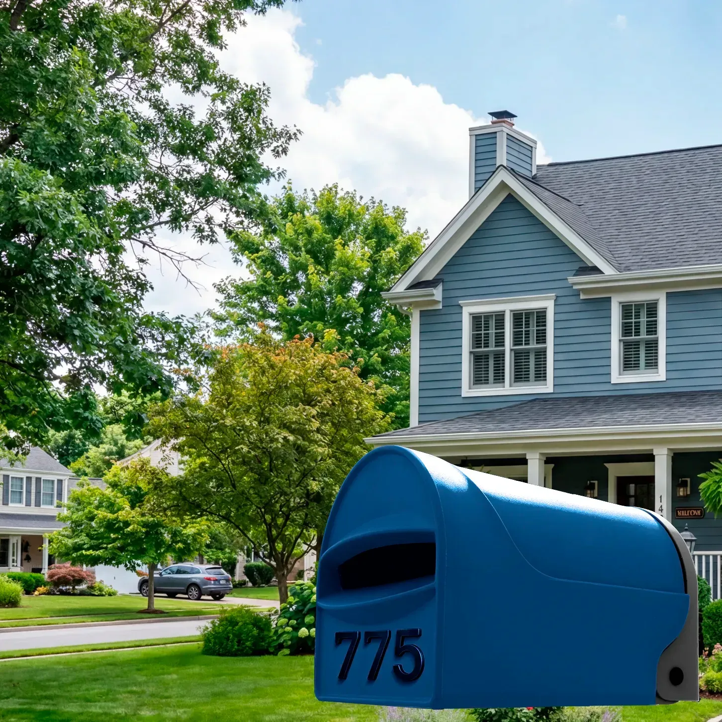 A blue, rural, coastal and urban residential mailbox with a front-facing mail slot on a white background. Tuffies unbreakable range NZ and Australia.