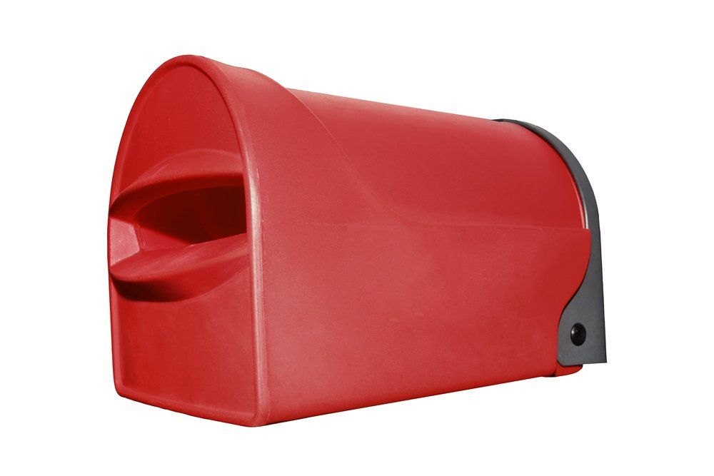 A red, plastic, modern-style curbside mailbox with a dark grey back panel, isolated on a white background.