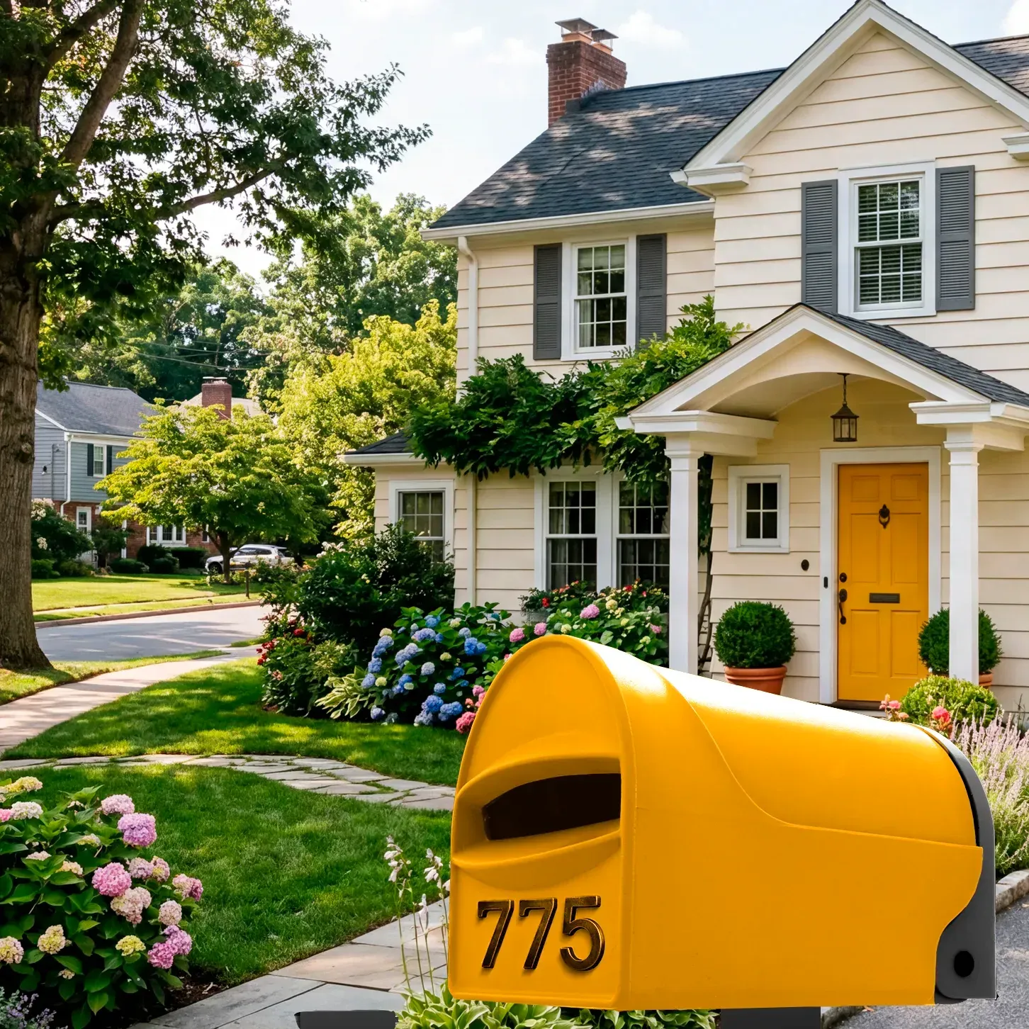 A yellow, rural, coastal and urban residential mailbox with a front-facing mail slot on a white background. Tuffies unbreakable range NZ and Australia.