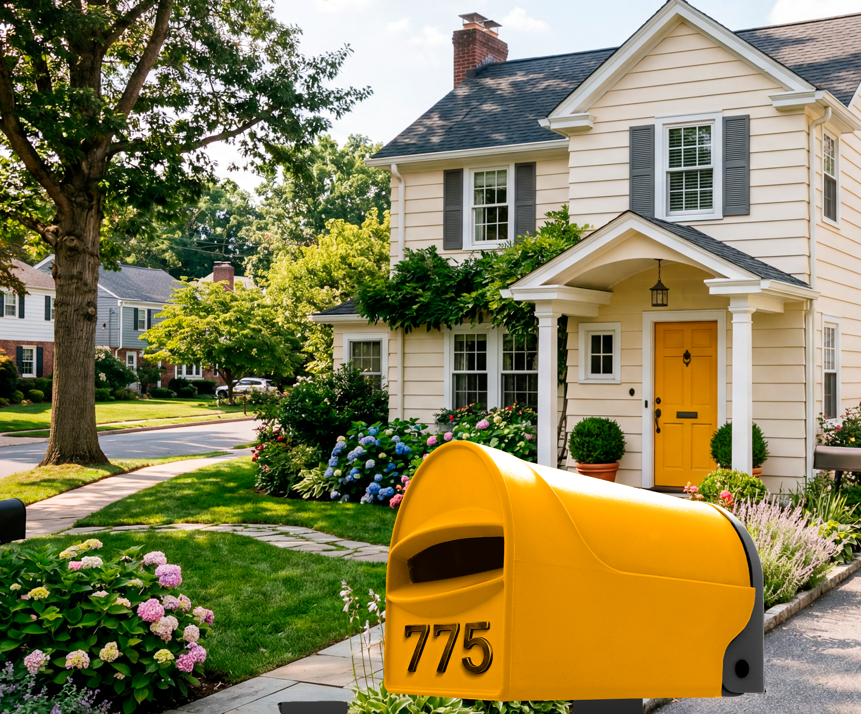 A yellow, rural, coastal and urban residential mailbox with a front-facing mail slot on a white background. Tuffies unbreakable range NZ and Australia.