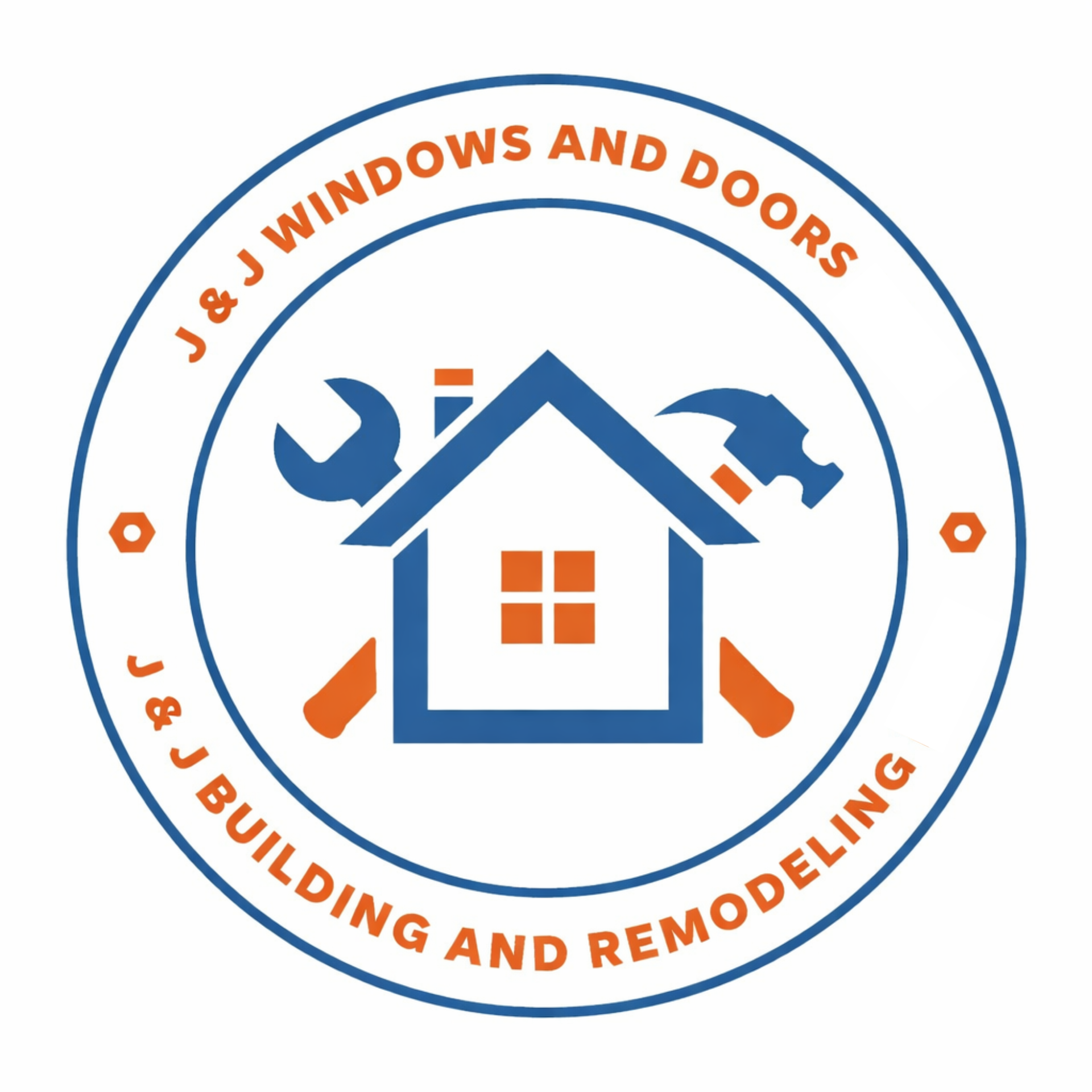 A circular logo for J&J Windows and Doors/Building and Remodeling, featuring a blue house icon with tools and orange text.