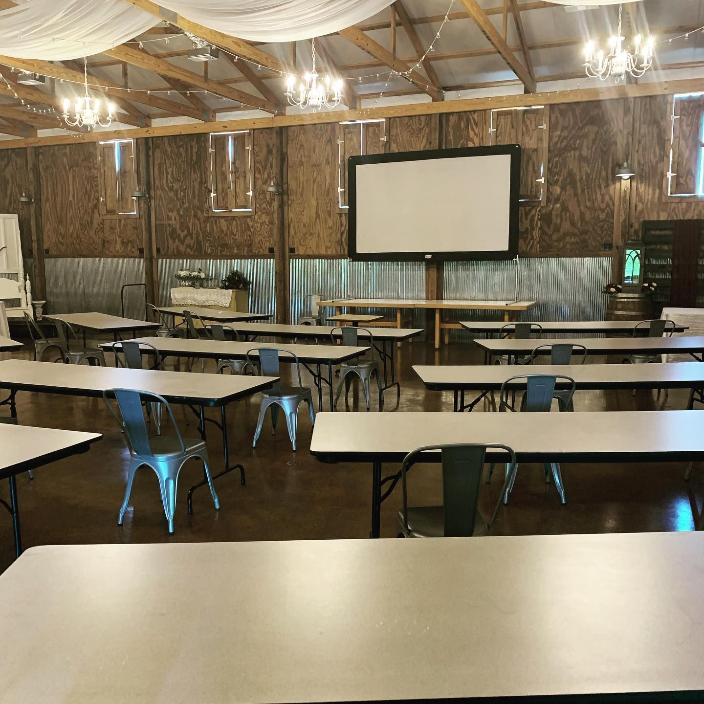 A large room with tables and chairs and a projector screen