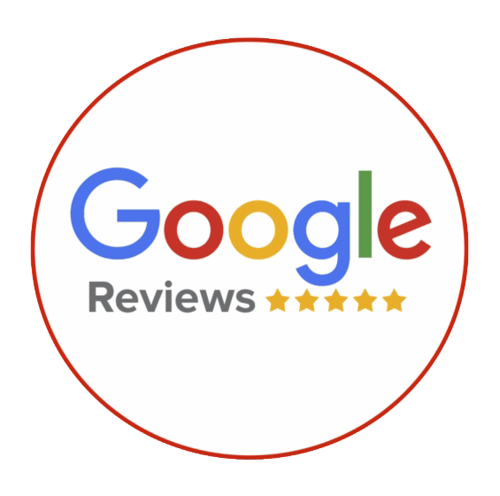 The google reviews logo is in a red circle on a white background.