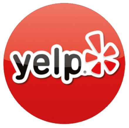 A yelp logo in a red circle on a white background