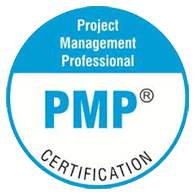 A blue and white circle with the words project management professional pmp certification on it.