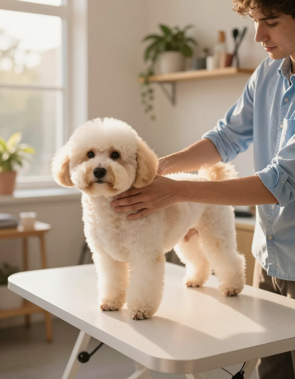 Small white dog standing on a grooming table while a person in a blue shirt trims it indoors