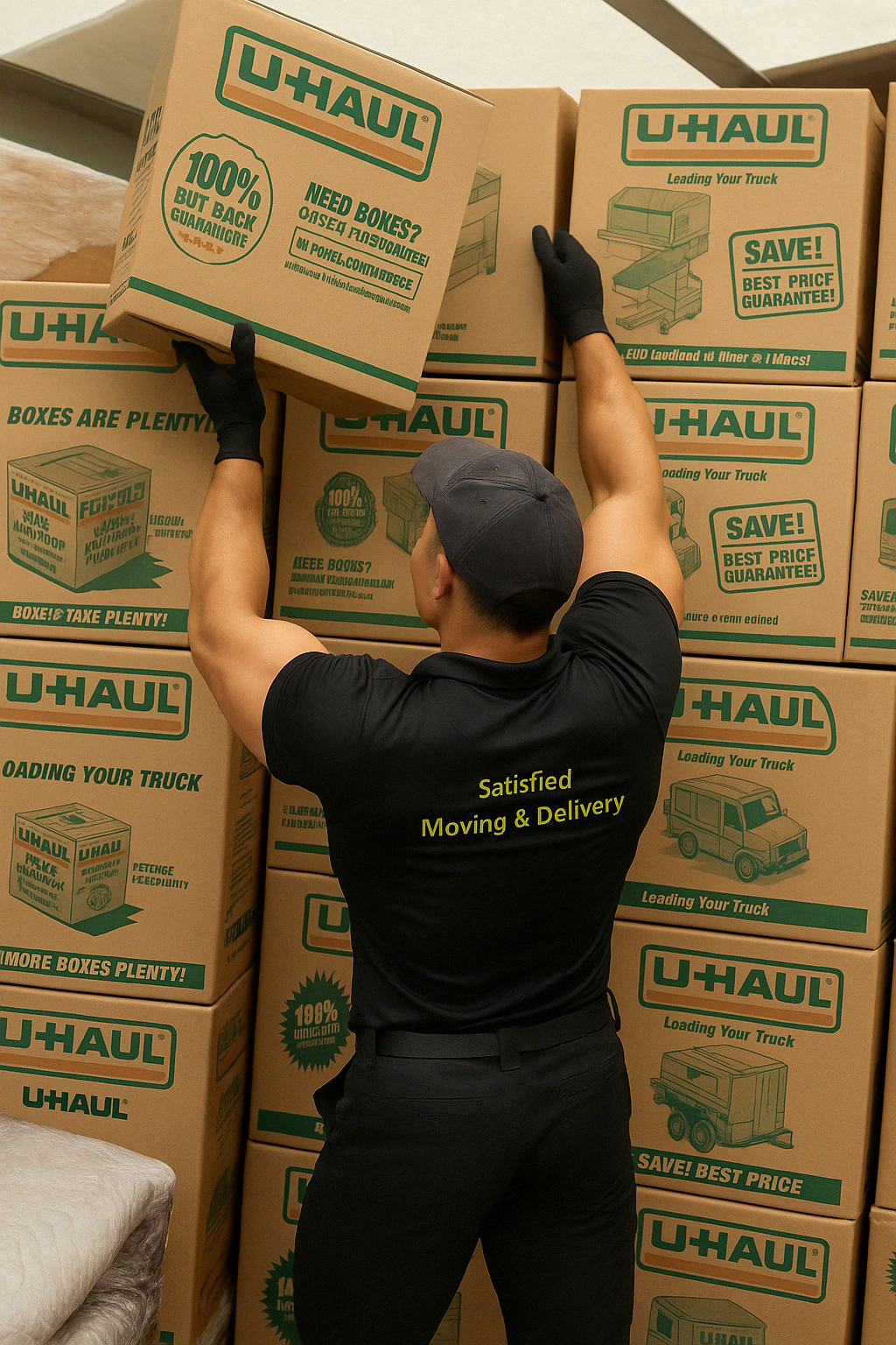 A man is carrying a cardboard box labeled medium office