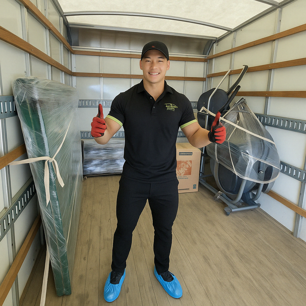 Two men are standing in front of a moving truck.