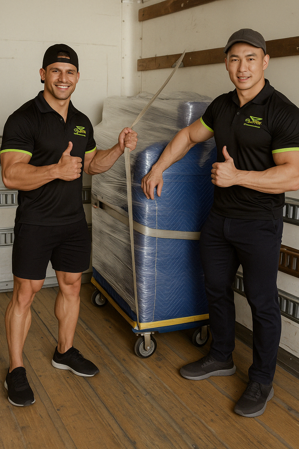 A man is standing in the back of a truck giving a thumbs up.
