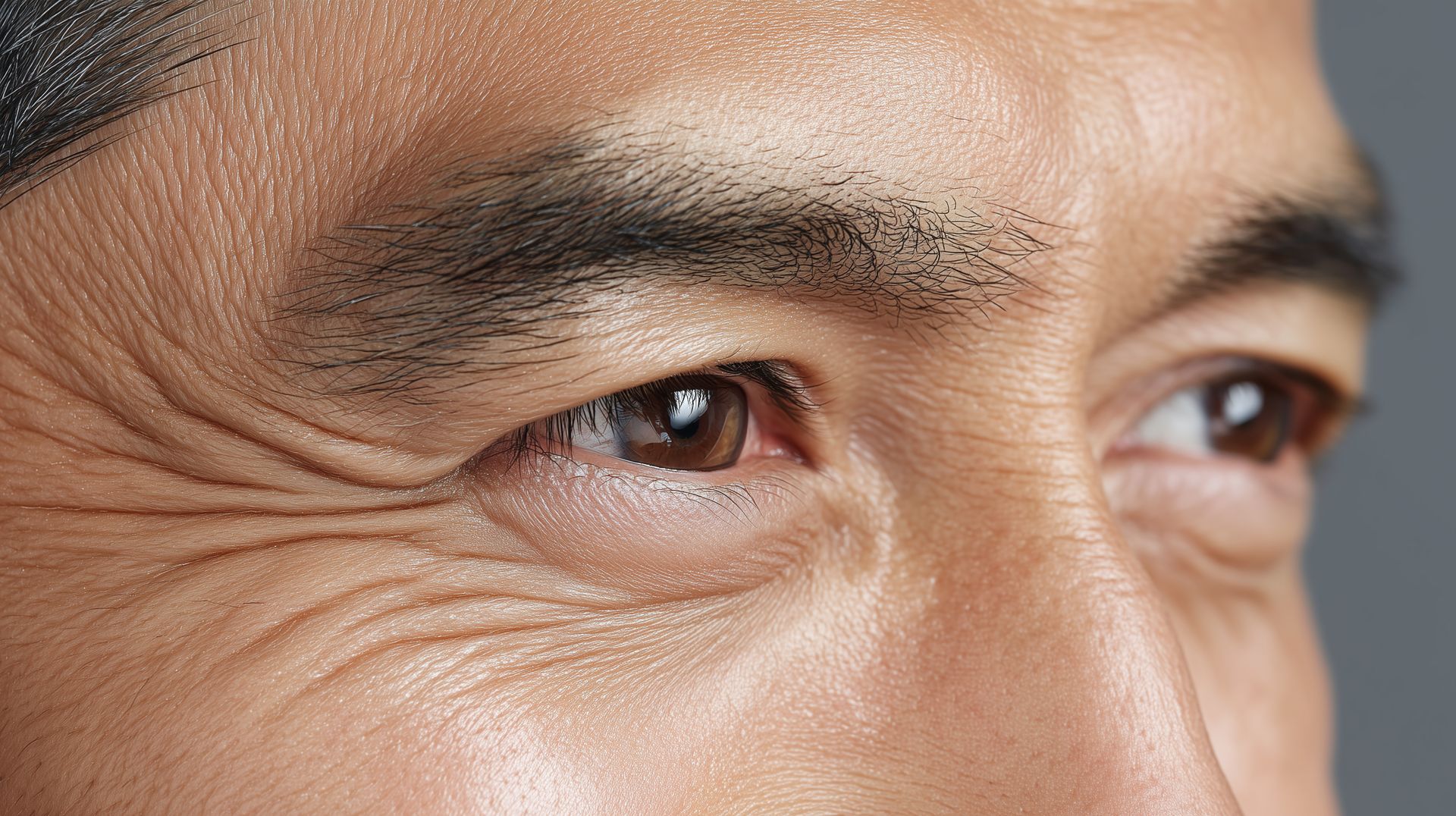 Mulher apontando para a sobrancelha, close-up. Pele lisa, olhos claros, sobrancelhas preenchidas. Fundo branco.