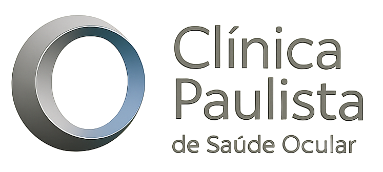 Logotipo da Clínica Paulista de Saúde Ocular. Forma circular cinza e azul à esquerda. Texto cinza à direita.